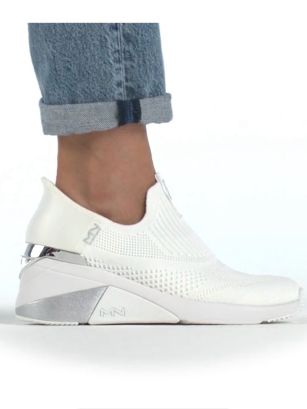 Mark Nason White Slip-On Knit Platform Sneaker with Silver Heel size 8